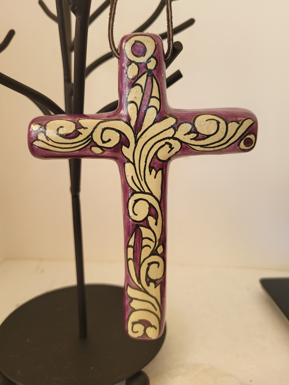 Vintage Mexican Handmade Terracotta Cross Purple 6"